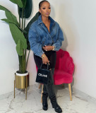 Women Washed Turndown Collar Drawstring Long-Sleeve Zipper Denim Jacket