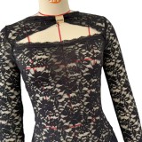 Women Sexy Hollow-Out Lace Long-Sleeve Dress