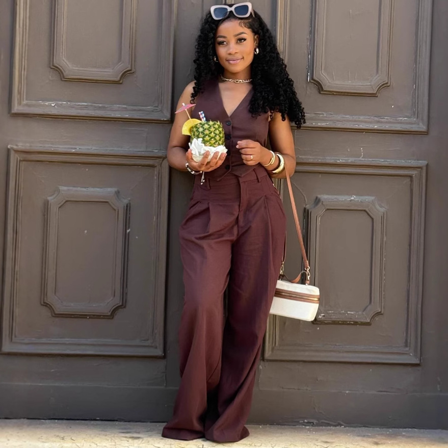 Women's Sexy Sleeveless Low Back Vest Solid Color Pants African Chic Set