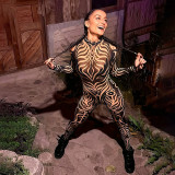 Women Autumn Sexy Printed Round Neck Long-Sleeve Jumpsuit