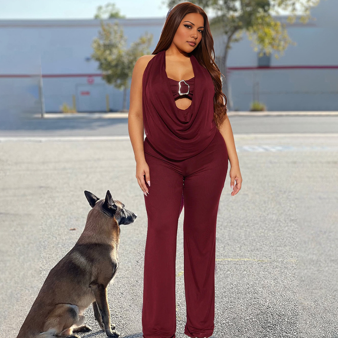 Women Autumn Sexy Halter Neck Top and Pant Two-Piece Set