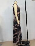 Women Summer Elegant Printed V-Neck Backless Tie-Waist Dress