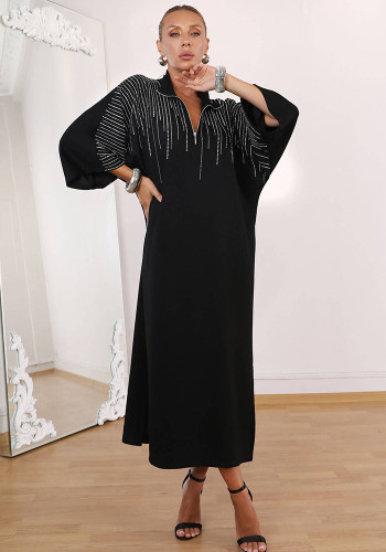 Women Autumn Stand Collar Rhinestone Slit Black Maxi Dress