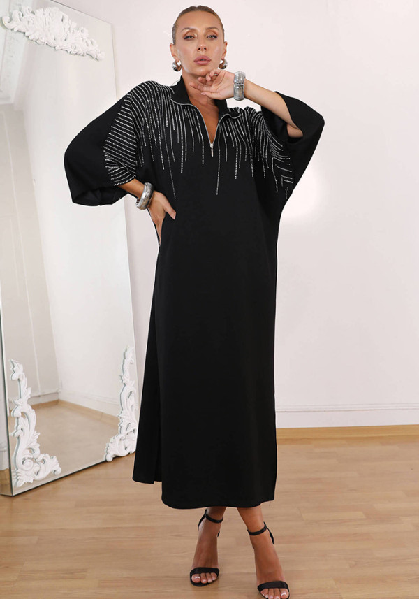 Women Autumn Stand Collar Rhinestone Slit Black Maxi Dress
