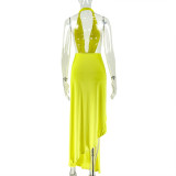 Women Solid Lace-Up Sexy Halter Neck V-Neck Bodycon Dress