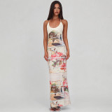 Women Bandeau Patchwork Print Halter Neck Dress