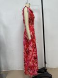 Women Summer Elegant Printed V-Neck Backless Tie-Waist Dress