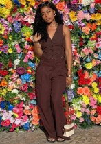 Women's Sexy Sleeveless Low Back Vest Solid Color Pants African Chic Set