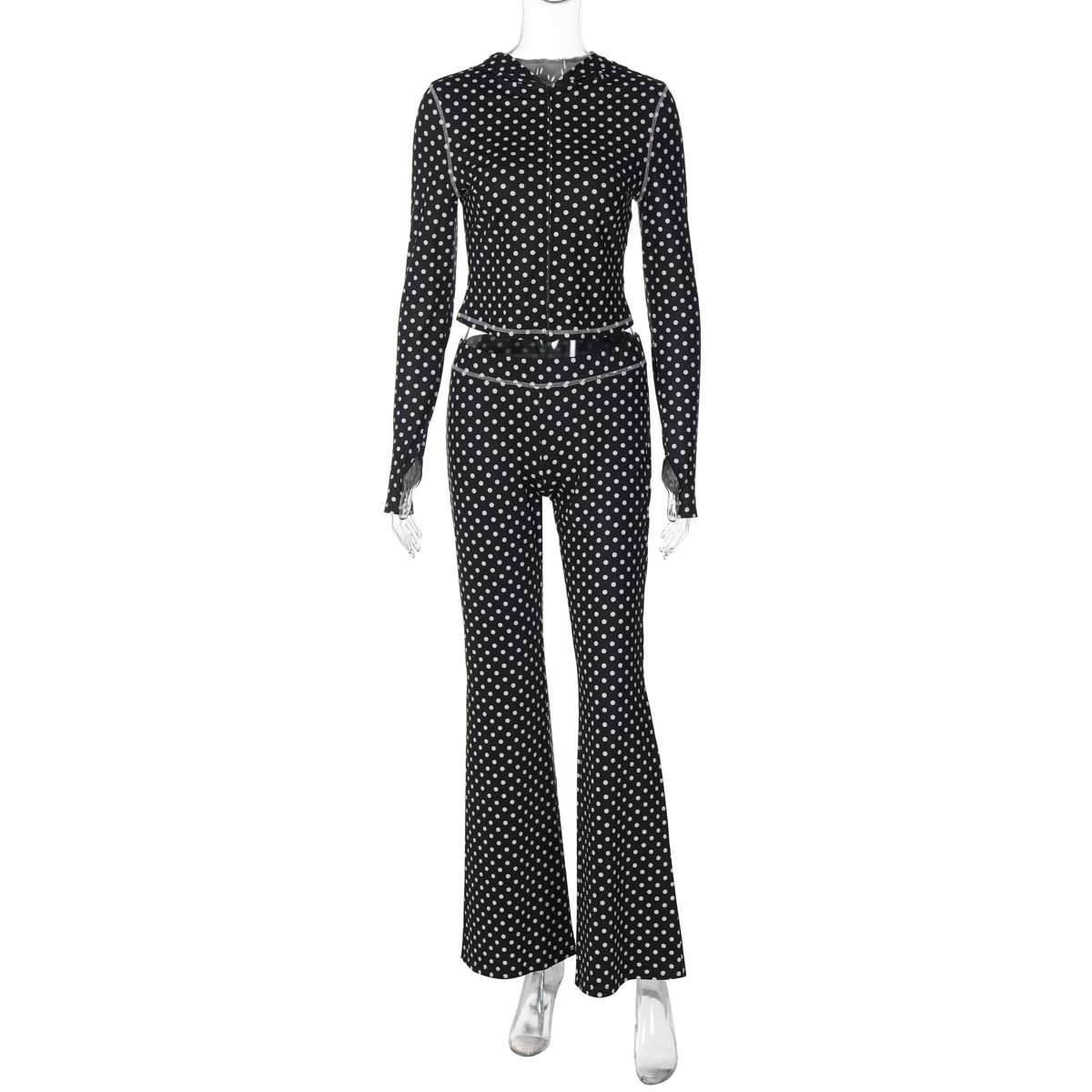 Women French Autumn/Winter Polka Dot Hooded Top and Color-Blocked Trousers Two-Piece Set