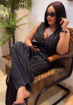 Women's V-Neck Fashion Striped Button Vest Pants African Two Piece Set Women's V-Neck Fashion Striped Button Vest Pants African Two Piece Set