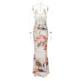 Women Bandeau Patchwork Print Halter Neck Dress