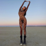 Women Autumn Sexy Printed Round Neck Long-Sleeve Jumpsuit