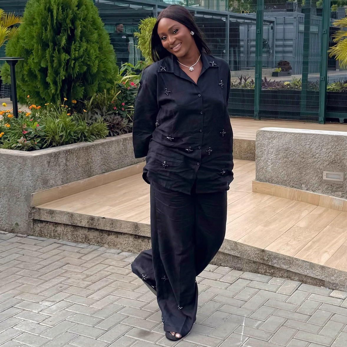 Women's Plus Size Turndown Collar Solid Color African Pants Set