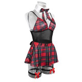Women's Lingerie Red Grid Uniform Bow Maid Four-Piece Set