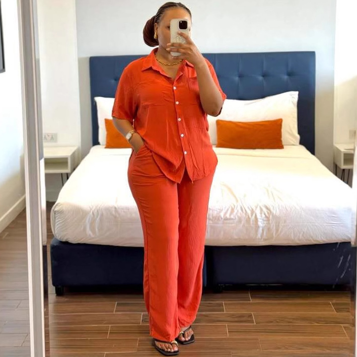 Women's Plus Size Casual Loose Turndown Collar Solid Color African Pants Set