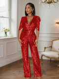 Sexy V-Neck Half-Sleeve Slim Sequin Women Party Jumpsuit