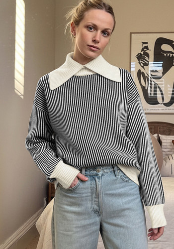 Women's Autumn Winter Casual Turndown Collar Patchwork Striped Sweater