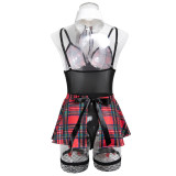 Women's Lingerie Red Grid Uniform Bow Maid Four-Piece Set