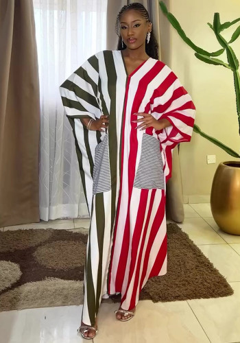 Women's Plus Size Long Sleeve V-Neck Striped Pocket African Dress