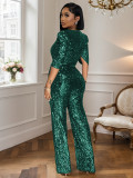 Sexy V-Neck Half-Sleeve Slim Sequin Women Party Jumpsuit