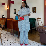 Women's Casual Short Sleeve Striped High Waist African Pants Set