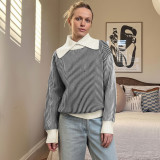 Women's Autumn Winter Casual Turndown Collar Patchwork Striped Sweater