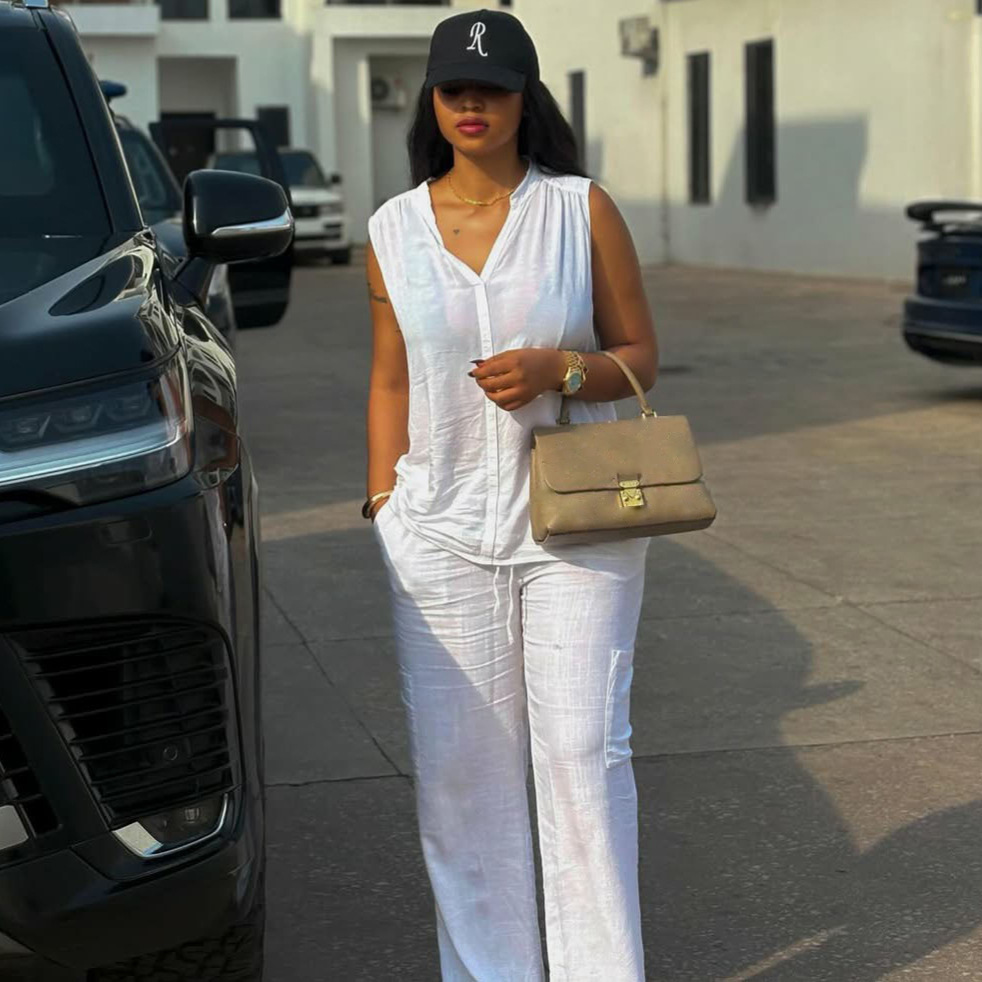 Women's Sleeveless V-Neck Solid Color High Waist African Trendy Pants Set