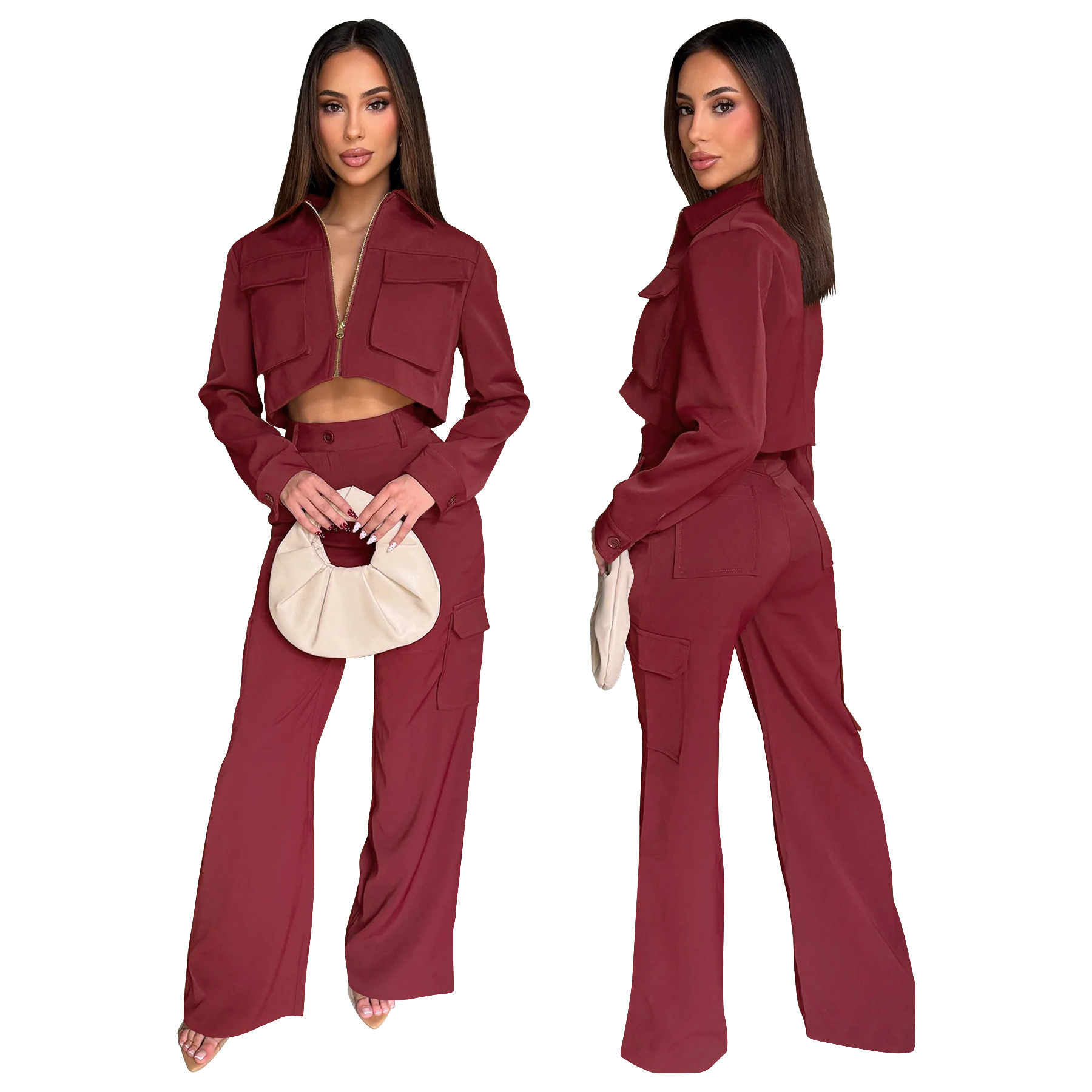 Women's Long Sleeve Turndown Collar Zipper Top Cargo Pants Set