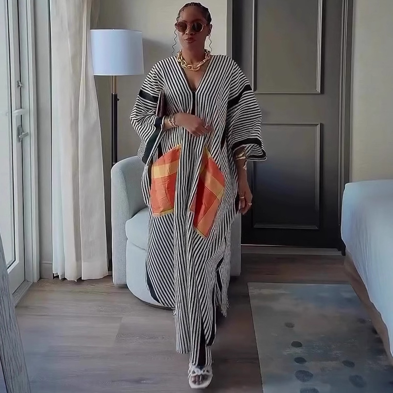 Women's Plus Size Loose Pocket Color Block African Trendy Dress