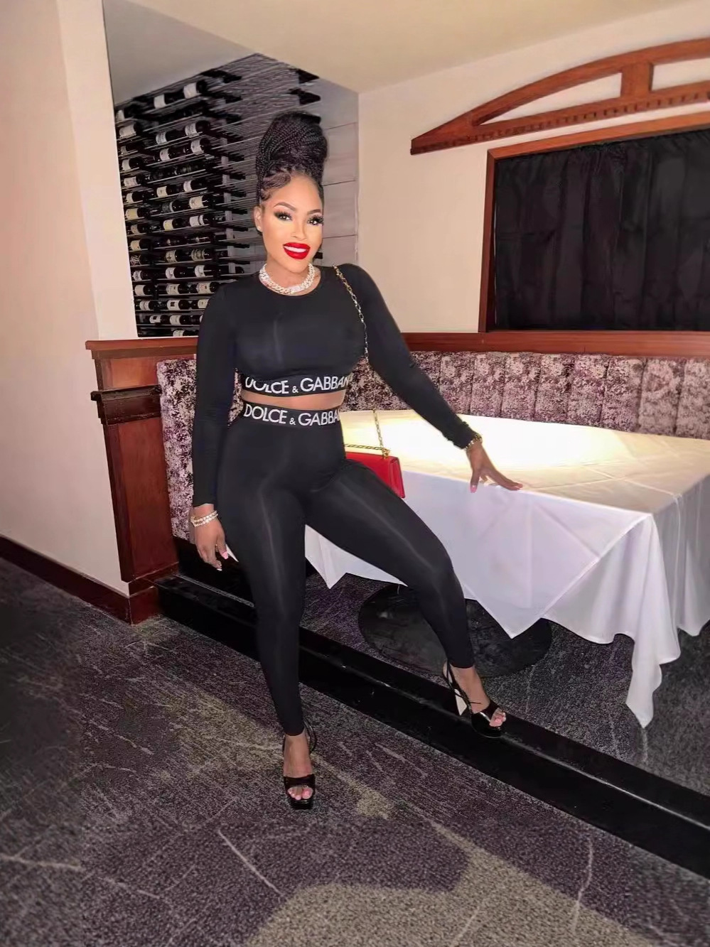 Women's American Sexy Long Sleeve Crop Top Tight Fitting Sport Pants Set