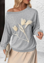 Women's Autumn Casual Flower Slash Neck Gray Long Sleeve Top
