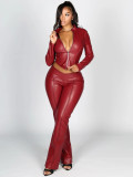 Women's Fashion Slim Fit Zipper Stretch Leather Casual Flared Pants Set