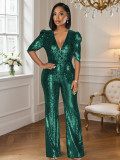 Sexy V-Neck Half-Sleeve Slim Sequin Women Party Jumpsuit