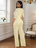 Sexy V-Neck Half-Sleeve Slim Sequin Women Party Jumpsuit