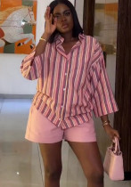 Women's Loose Chic Pink Striped Shirt African Shorts Set