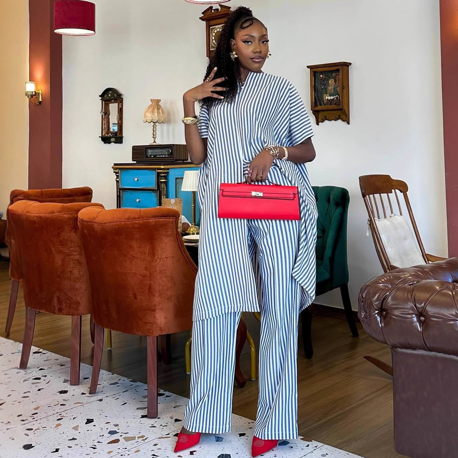 Women's Casual Short Sleeve Striped High Waist African Pants Set