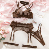Women's Lingerie Lace Trim See-Through Halter Neck Bra Garter Set