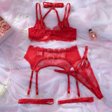 Women's Lingerie Lace Trim See-Through Halter Neck Bra Garter Set