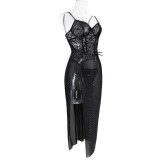 Women's Mesh Beaded Crystal Lace See-Through High Slit Lace-Up Slip Dress