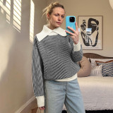 Women's Autumn Winter Casual Turndown Collar Patchwork Striped Sweater