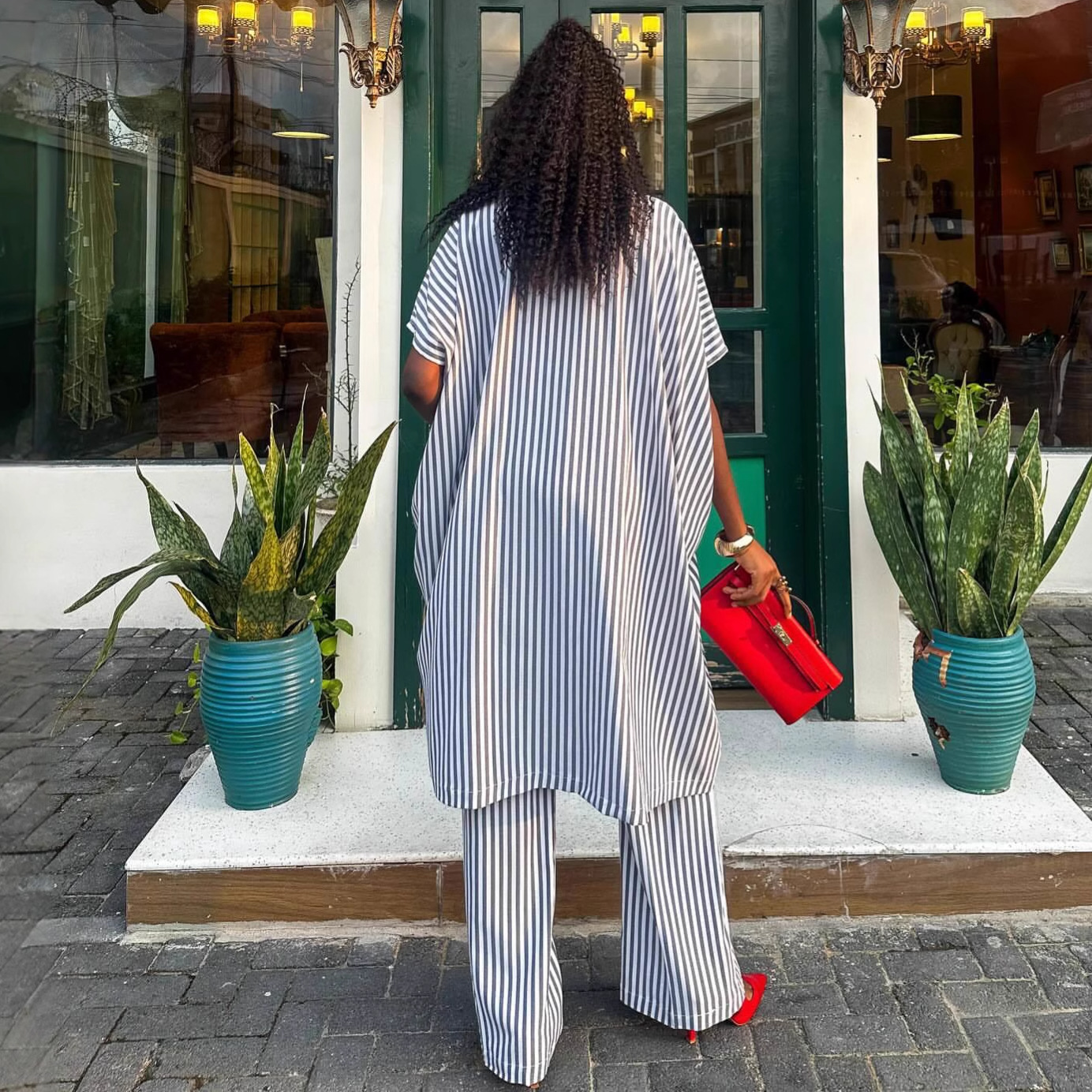 Women's Casual Short Sleeve Striped High Waist African Pants Set