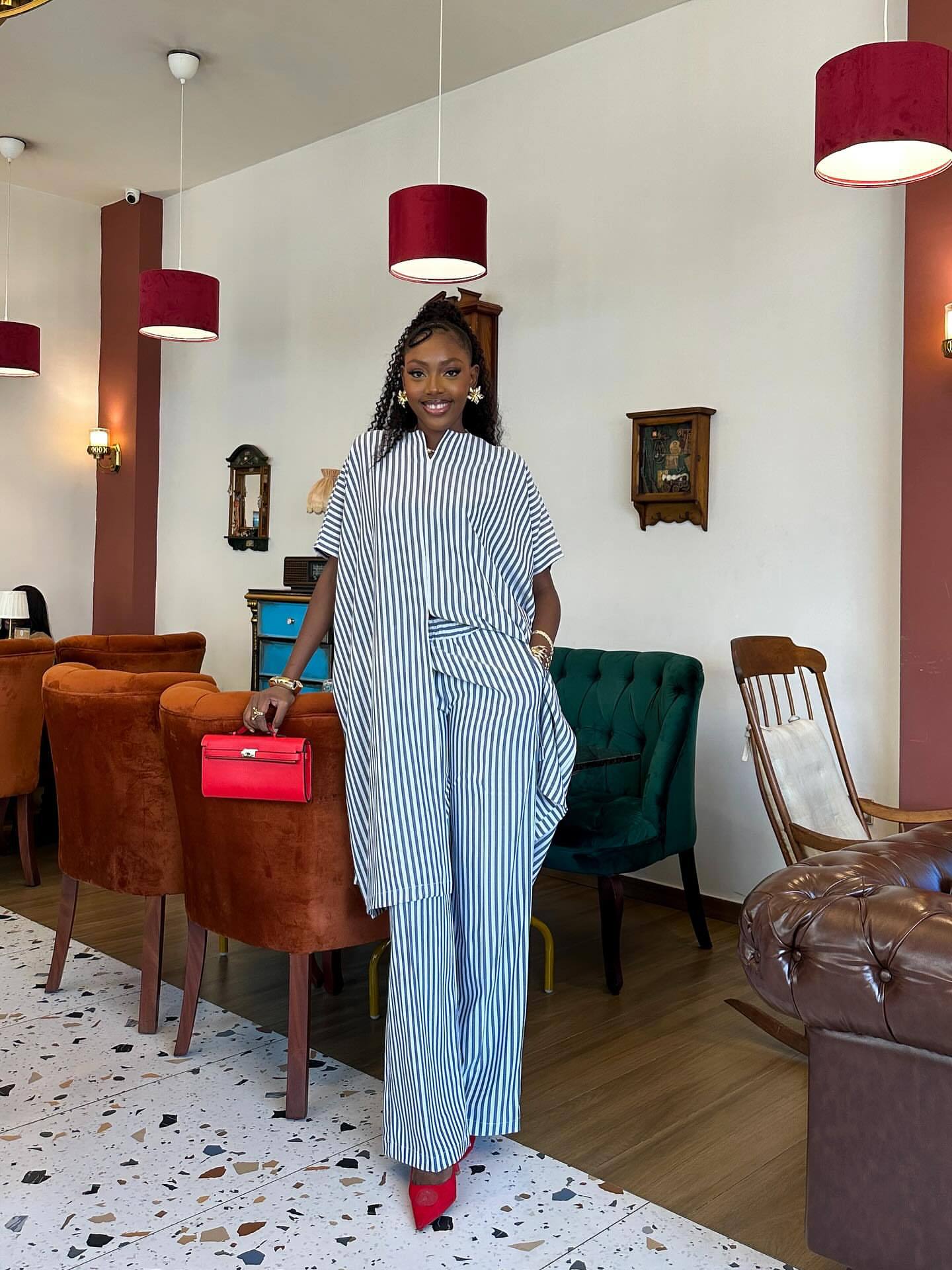 Women's Casual Short Sleeve Striped High Waist African Pants Set