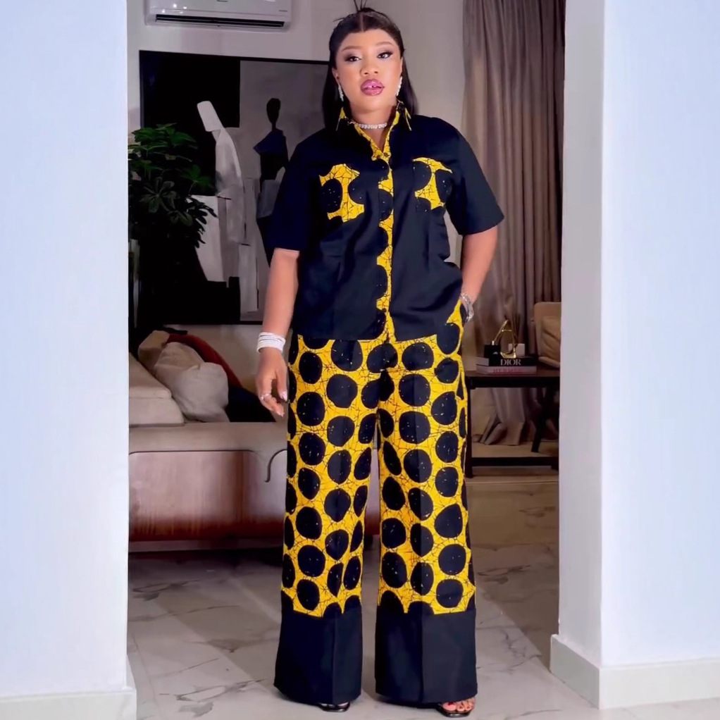 Women's Plus Size Polka Dot Turndown Collar African Pants Set