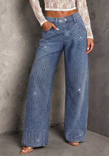 Women's Mid Rise Stretch Irregular Beaded Loose Slim Fit Denim Pants