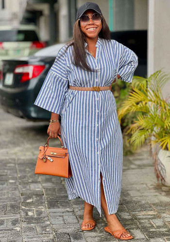 Women's Plus Size Fashion Striped Turndown Collar African Casual Dress