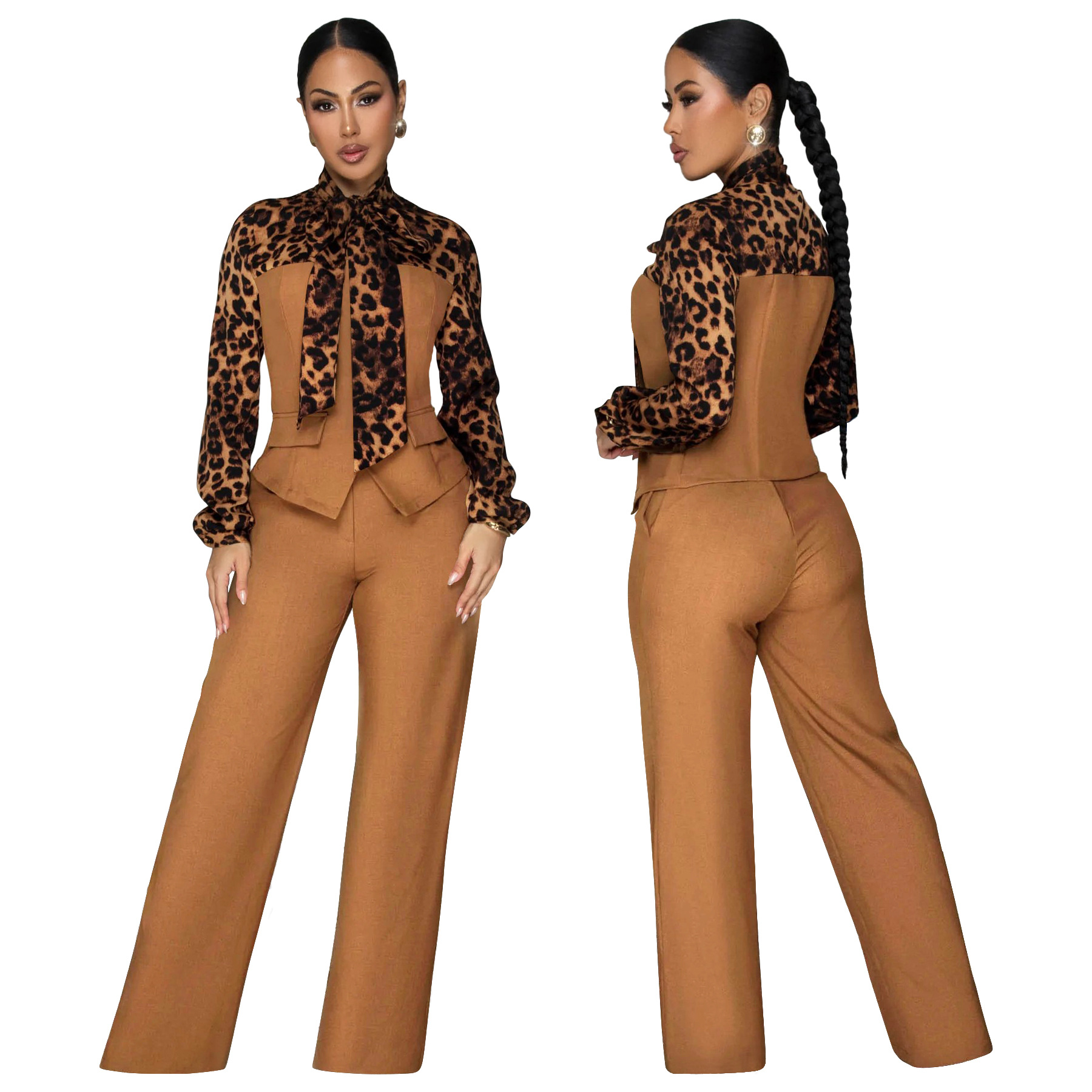 Women's Autumn Fashion Leopard Print Tie Neck Casual Two Piece Pants Set