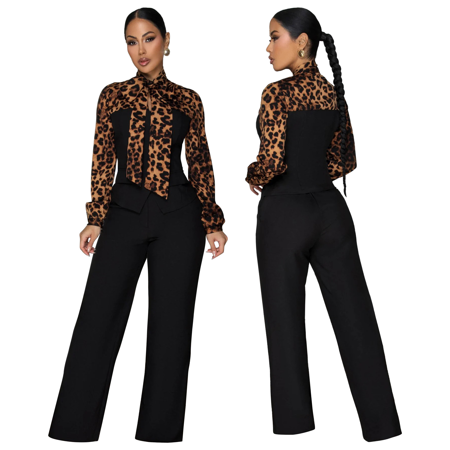 Women's Autumn Fashion Leopard Print Tie Neck Casual Two Piece Pants Set