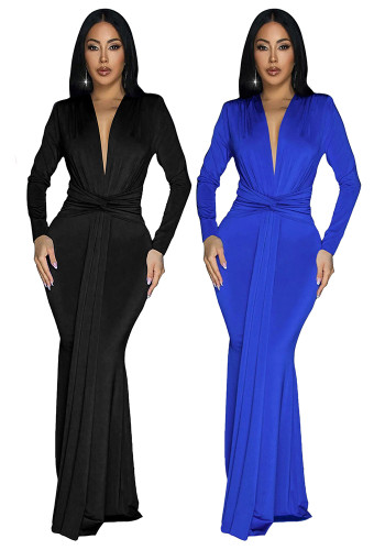 Women's Autumn Winter Sexy Slim Fit Slim Waist Pleated Dress