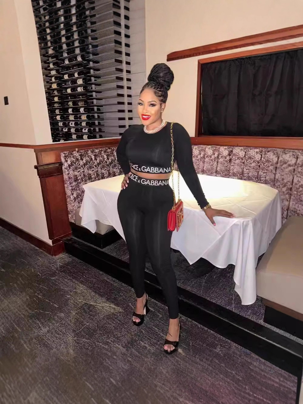 Women's American Sexy Long Sleeve Crop Top Tight Fitting Sport Pants Set