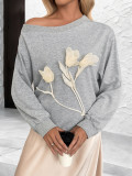 Women's Autumn Casual Flower Slash Neck Gray Long Sleeve Top